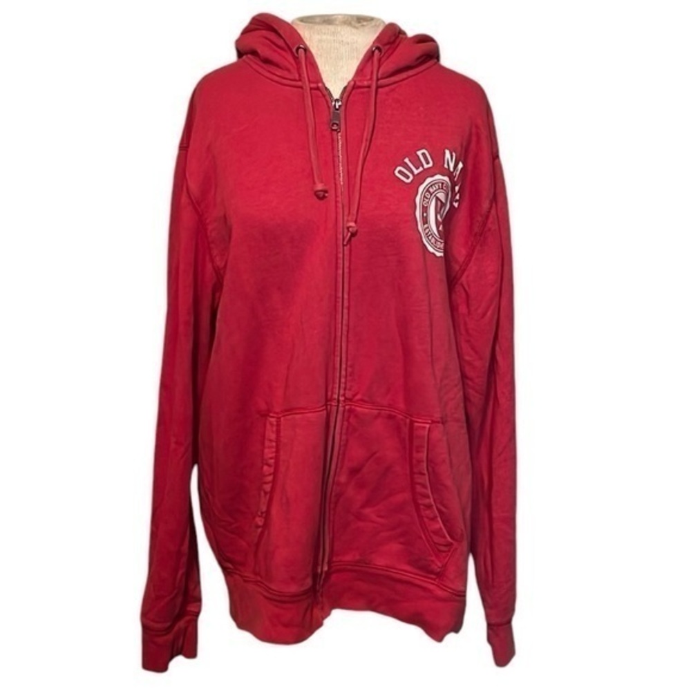 Old navy full zip lightweight jacket with a hood, color is red/white, XL